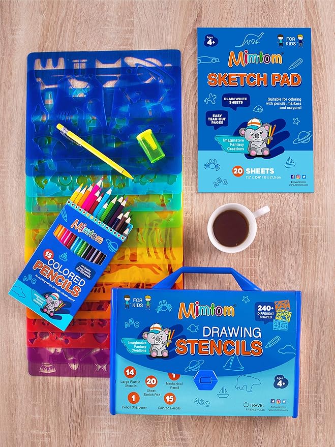 Mimtom Drawing Stencil Kit for Kids, 51 PC Art Set with 240+ Shapes, Sketch Pad, and Colored Pencils for Children's DIY Arts and Crafts, Draw with Animal, Letter and Car Stencils, Blue