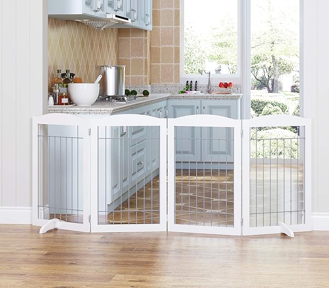 Spirich Extra Wide and Tall Dog gate for The House, Doorway, Stairs, Freestanding Foldable Wire Pet Gate for Dogs, 80-inch Wide,30 inches Tall, White (4 Pannels)