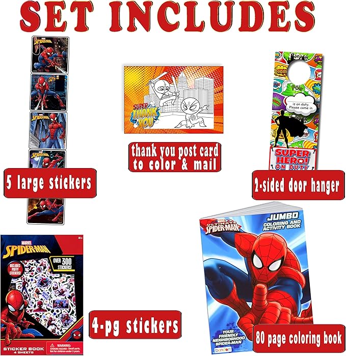 Disney Studios Spiderman Stickers Activity Set - Bundle Includes Spiderman Stickers, Spiderman Coloring Book, Superhero Door Hanger, Thank You Card Craft