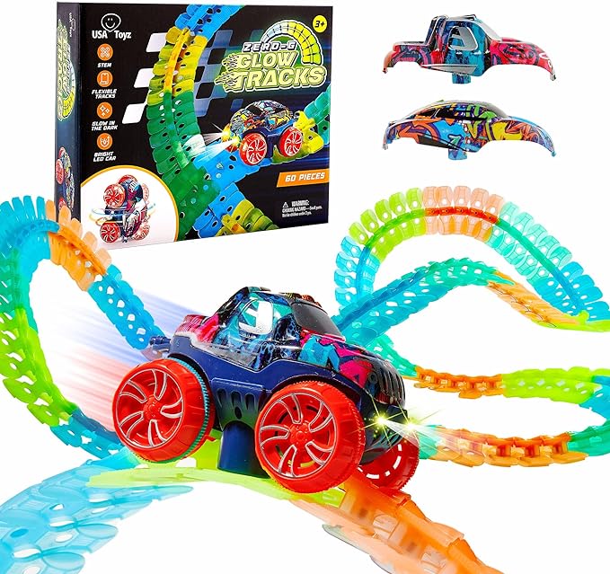 USA Toyz Zero-G Glow Race Track for Kids- 60pcs Glow in The Dark Flexible Race Track Set with Suction Cups, Slot Car, 2 Graffiti Toy Cars Shells, STEM Toy LED Car Tracks for Boys and Girls Age 3+
