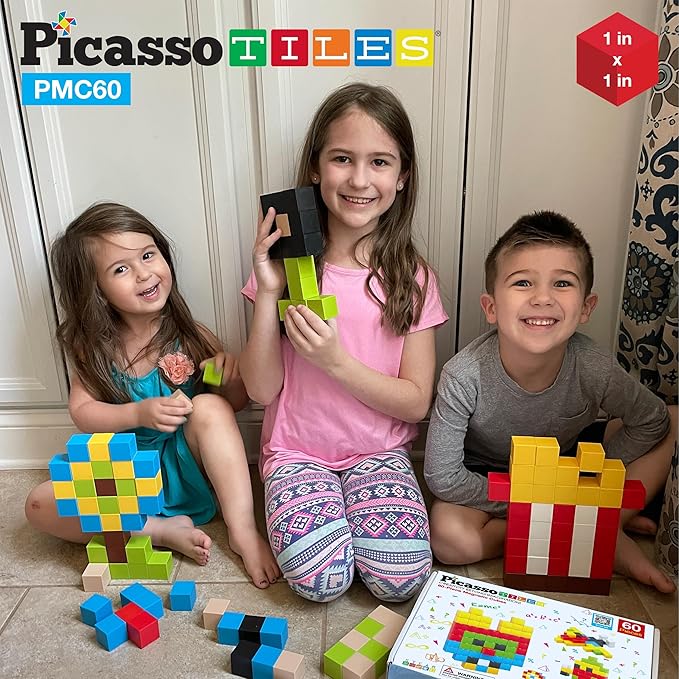 PicassoTiles 60 Pieces 1" Magnetic Building Blocks, 3D Construction Cubes Magnet Sensory Toys Gifts with Free Idea Book for Kids, Toddlers & Babies - PMC60