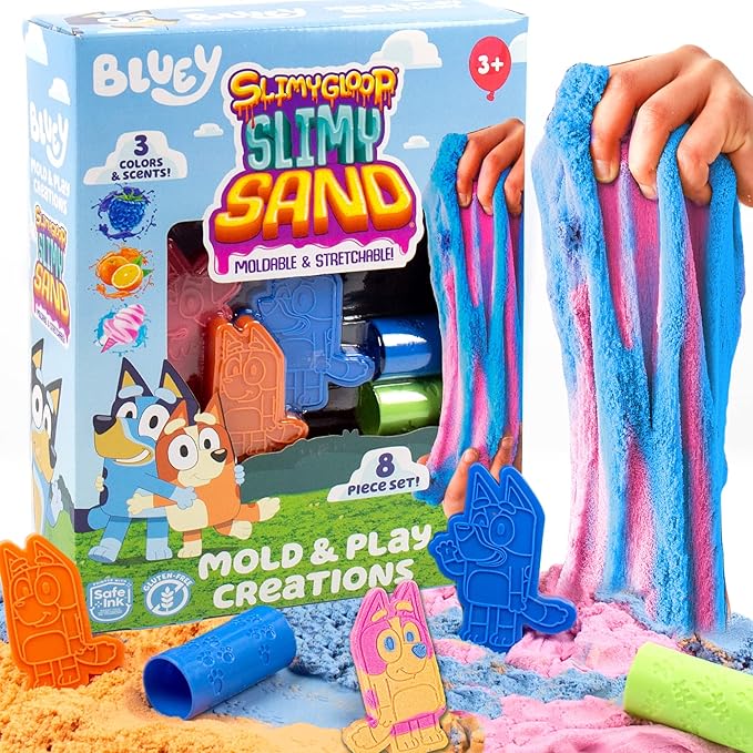 Horizon Group USA Bluey SLIMYGLOOP Slimy Sand Mold & Play Creations, 8-Piece Playset, 3 Scented Colors, Sensory Activity for Kids Ages 3, 4, 5, 6, 7, 8, Multi, Medium