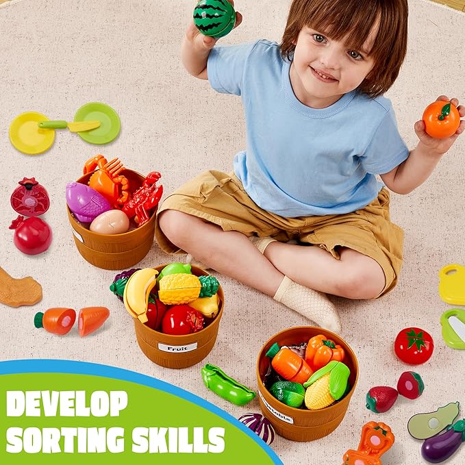 JOYIN Learning Toys Play Food Set for Toddlers, Cutting Food for Preschool Activities, Pretend Play Kitchen Accessories for Kids, Color Sorting Set for Boys & Girls, Daycare Educational Toy
