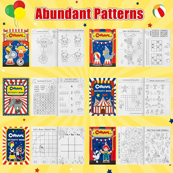 JAPBOR Carnival Activity Coloring Books - 24PCS Mini Circus Carnivals Activities Color Books Bulk for Kids Party Favors, Showman Themed Small Colouring Pages for Birthday Class Drawing Painting Game