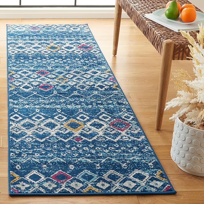 SAFAVIEH Amsterdam Collection Runner Rug - 2'3" x 8', Navy & Turquoise, Moroccan Boho Design, Non-Shedding & Easy Care, Ideal for High Traffic Areas in Living Room, Bedroom (AMS108M)