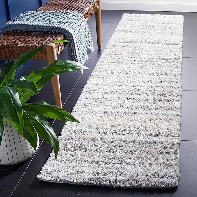 SAFAVIEH Berber Shag Collection 2' 2' x 9' Grey/Ivory BER406F Stripe Non-Shedding Entryway Foyer Living Room Bedroom 1.2-inch Thick Runner Rug
