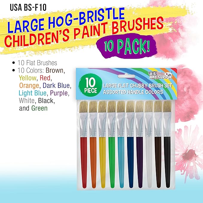 U.S. Art Supply 10-Piece Large Flat Chubby Hog Bristle Paint Brushes Set – Durable Paintbrushes for Painting, Craft Paint Brushes, Brushes for Painting, Paint Brush Set for Beginners & Students