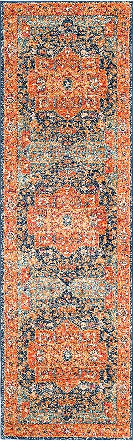 SAFAVIEH Evoke Collection 2'2" x 11' Blue/Orange EVK275C Oriental Medallion Distressed Non-Shedding Living Room Bedroom Runner Rug
