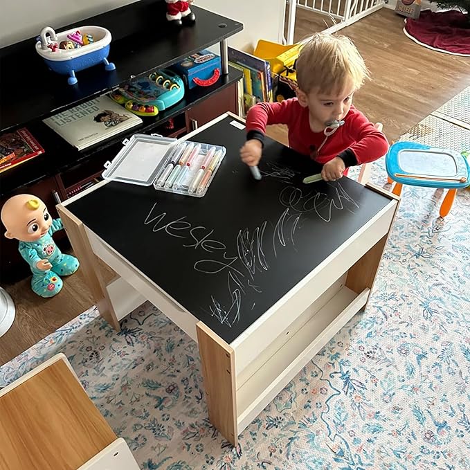 Asweets Kids Table and Chair Set, 4 in 1 Toddler Desk with Storage Drawer,Wooden Activity Table for 2 in 1 Detachable Tabletop,Bookshelf,Suitable for Classroom,Home,Nursery,Playroom (Natural White)