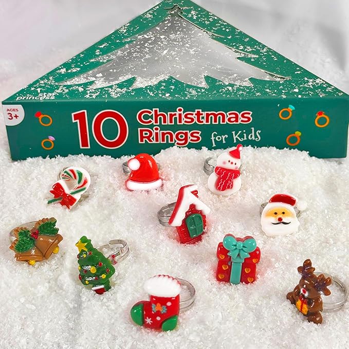 Christmas Stocking Stuffers Jewel Rings for Kids, Set of 10 Christmas-Themed Adjustable Holiday Dress-Up Rings for Girls in Christmas Tree Gift Box, Christmas Gift for Girls Age 3 4 5 6 7 8 and Up