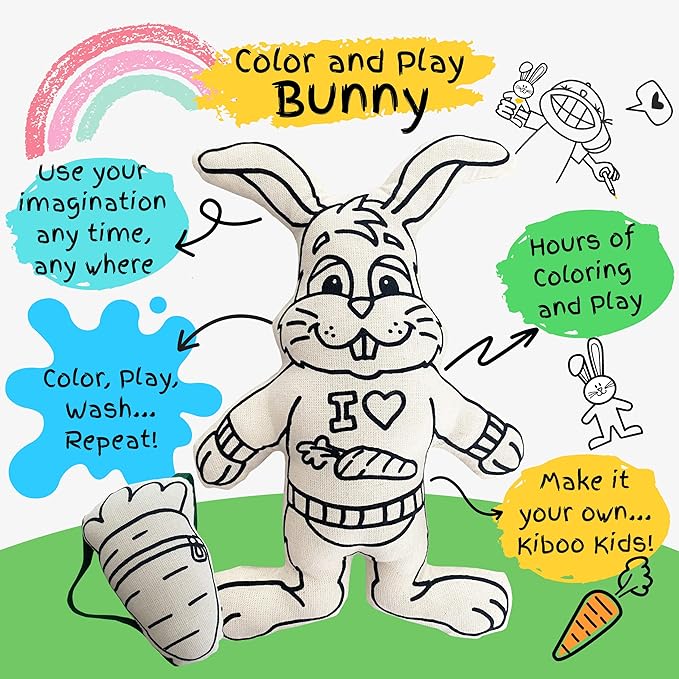 Color Your Doll - Bunny with Mini Carrot Backpack - Washable Markers Included - Reusable, Educational Art & Crafts Toy for Kids - Play, Wash, Repeat - Creative Gift for Easter Basket