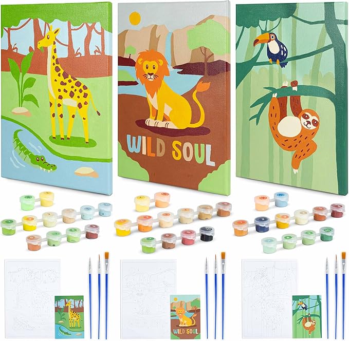 BONNYCO Paint by Numbers Kit for Kids Animals Pack 3 Canvas Paint by Number Canvas, Jungle Animals Gifts for Boys, Arts and Crafts, Kids Paint by Number Kits Pre Drawn Canvas for Painting for Kids