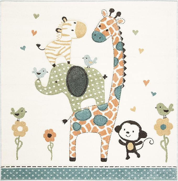SAFAVIEH Carousel Kids Collection 3' Square Ivory CRK120A Animal Non-Shedding Nursery Playroom Area Rug