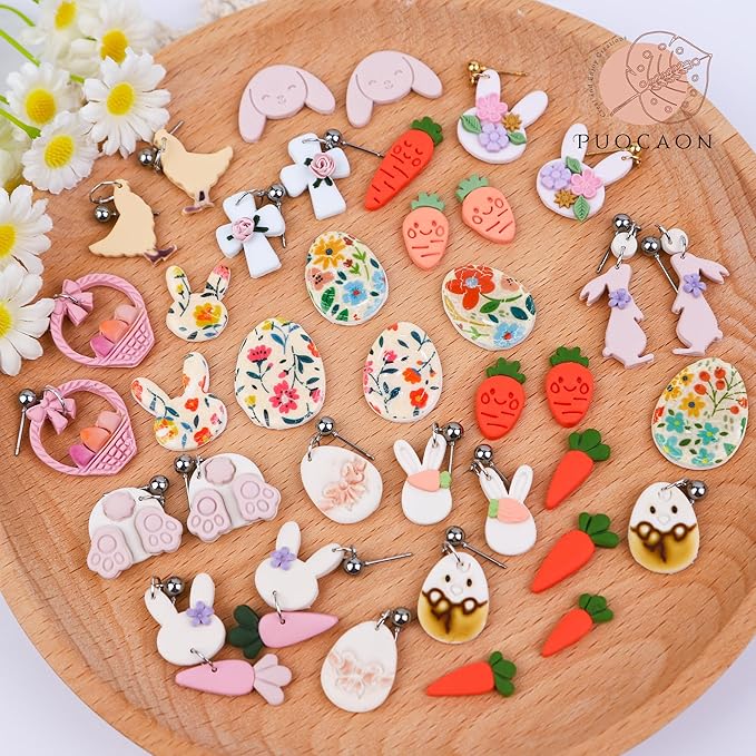 Puocaon Easter Clay Cutters, 30 Pcs Polymer Clay Cutters for Jewelry, Basic Rabbit Egg Carrot Clay Earring Cutters, Mirrored Bunny Chicken Clay Cutters for Earrings, Egg Basket Clay Jewelry Cutters