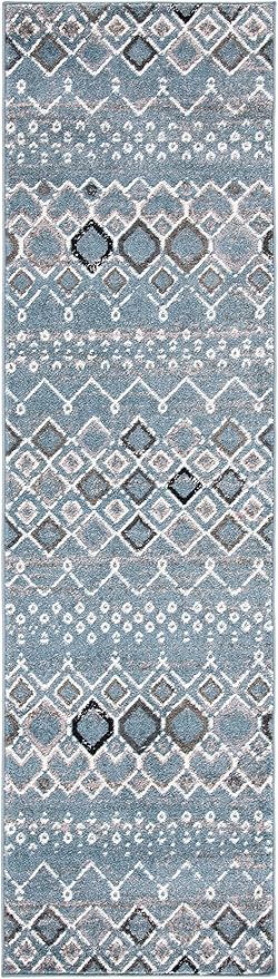 SAFAVIEH Amsterdam Collection Runner Rug - 2'3" x 8', Blue & Ivory, Moroccan Boho Design, Non-Shedding & Easy Care, Ideal for High Traffic Areas in Living Room, Bedroom (AMS108L)