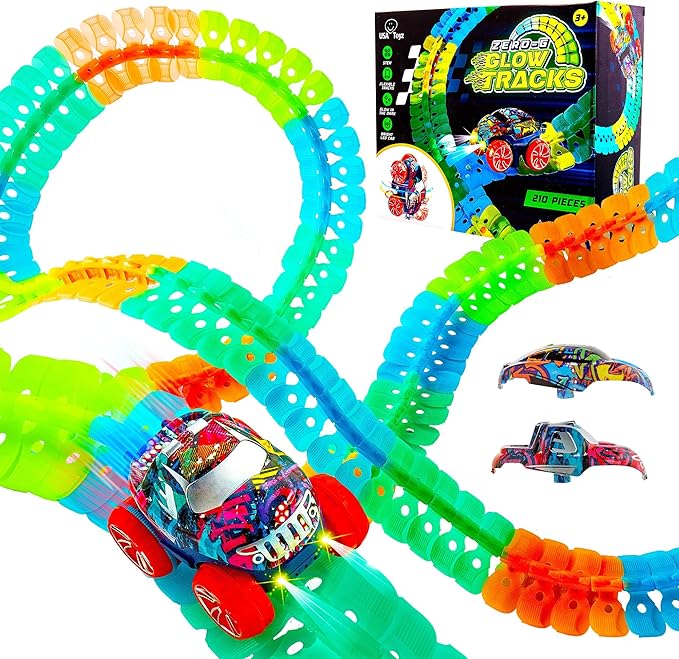 USA Toyz Zero-G Glow Race Track for Kids- 210pcs Glow in The Dark Flexible Race Track Set with Suction Cups, Slot Car, 2 Graffiti Toy Cars Shells, STEM Toy LED Car Tracks for Boys and Girls Age 3+