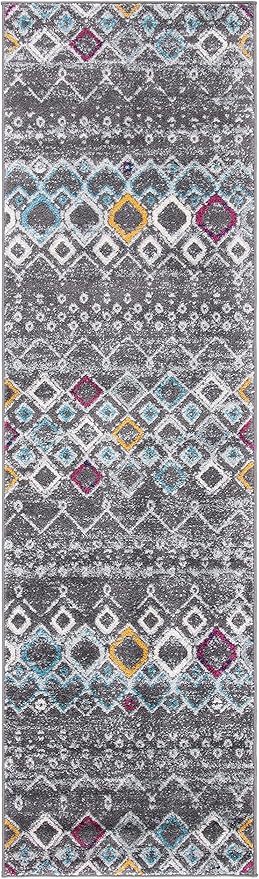 SAFAVIEH Amsterdam Collection Runner Rug - 2'3" x 8', Dark Grey & Ivory, Moroccan Boho Design, Non-Shedding & Easy Care, Ideal for High Traffic Areas in Living Room, Bedroom (AMS108H)