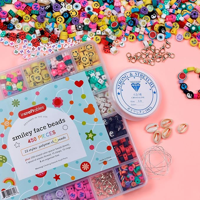 Incraftables Smiley Face Bracelet Beads for Jewelry Making (22 Styles). Friendship Bracelet Kit with Alphabet Beads. Cute Charms for Bracelet Making, Heart, Flower & Fruit Beads for Kids & Adults