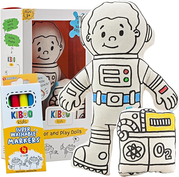 Color Your Doll - Boy Astronaut with Mini Space Pack - Washable Markers Included - Educational Art & Crafts Toy for Kids - Reusable, Color, Play, Wash, Repeat - Creative Gift
