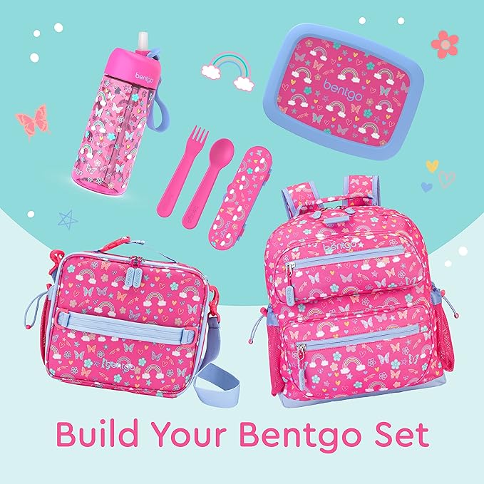 Bentgo Kids Utensil Set - Reusable Plastic Fork, Spoon & Storage Case BPA-Free Materials, Easy-Grip Handles, Dishwasher Safe Ideal for School Lunch, Travel, Outdoors (Rainbows and Butterflies)