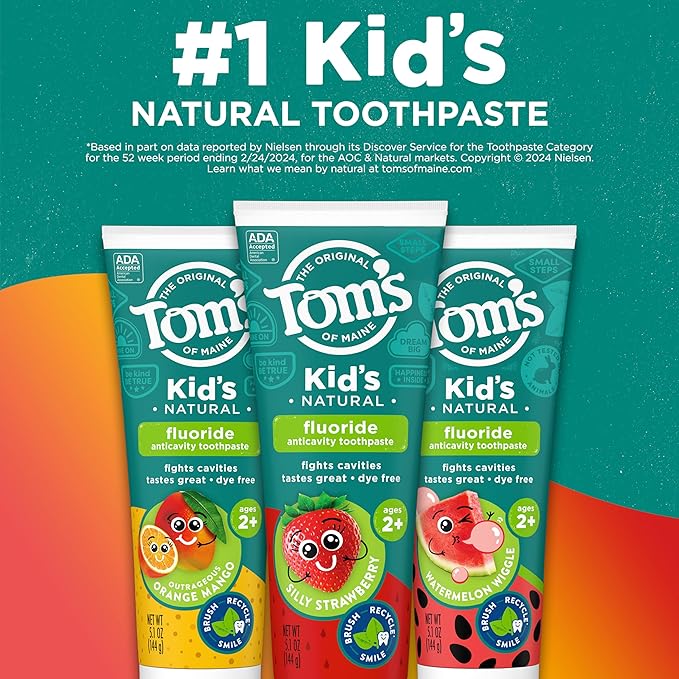 Tom’s of Maine Anticavity Kids Natural Toothpaste Variety Pack, Strawberry, Orange Mango, Watermelon Flavors, Kids Toothpaste with Fluoride, Safe for Ages 2 and Up, 5.1 oz (Pack of 3)