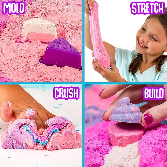 Sweet Treats, 2 Pounds of SlimySand in 5 Colors (Pink Glitter, White Glitter, and Pink, Blue and Purple), 6 3D Molds & Reusable Box For Play. Super Stretchy & Moldable Cloud Slime!
