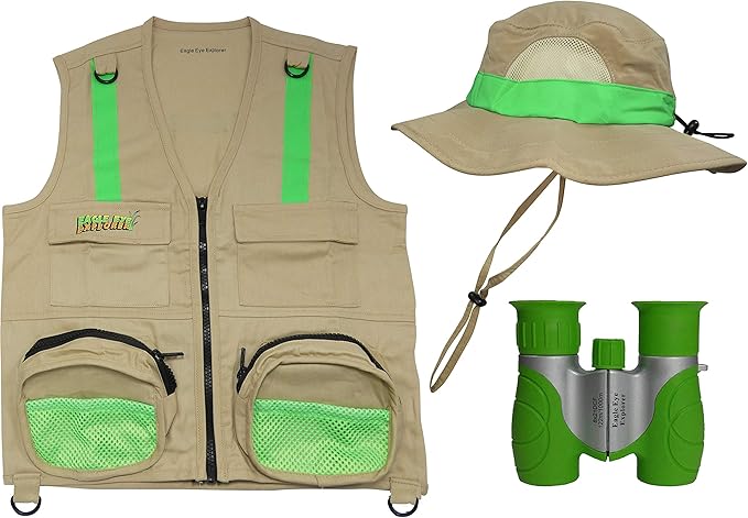 Multi-Piece Set Cargo Vest with Reflective Safety Straps, 1 8x21 Magnification Binoculars and Safari Hat for Boys and Girls (Medium/Large, Tan and Green)
