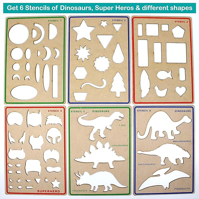 ButterflyEdufields 6in1 Stencils for Kids Drawing – 60pcs Art Supplies kit for Girls & Boys with 50+ Free Hand Drawing Challenges, Dinosaur Super Heroes Stencils, Finger Painting, Sponge Art