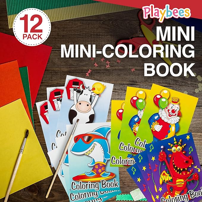 Playbees Mini Coloring Book - 12 Assorted Activity Sheets - 6 Pages Each - Educational Tool, School Supplies - Portable Party Favors, Sensory Tools, Enhance Focus, Creativity - Kids Ages 3+