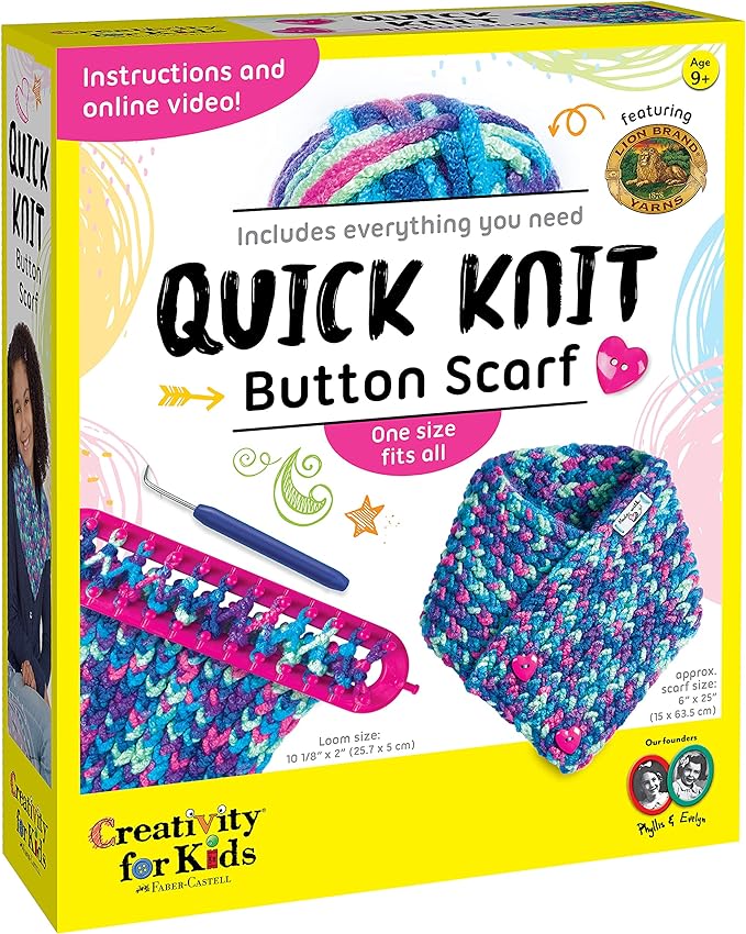 Creativity for Kids Quick Knit Button Scarf - Kids Knitting Kit for Beginners, Arts and Crafts for Ages 8-12+, Rainbow Yarn, OneSize