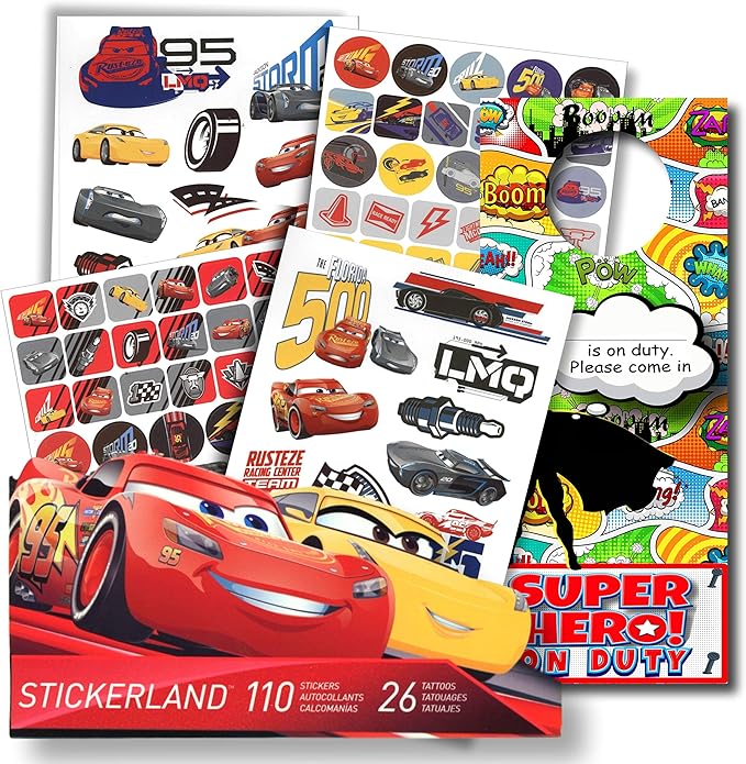 Disney Cars 3 Fun Set Cars 3 Stickers & Disney Cars 3 Tattoos Bundle with Specialty 2-Sided Door Hanger
