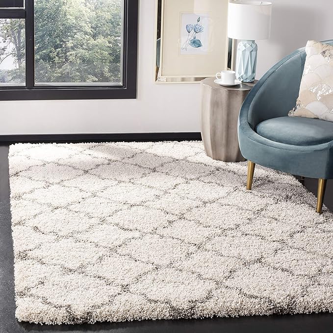SAFAVIEH Hudson Shag Collection Area Rug - 9' x 12', Ivory & Grey, Moroccan Trellis Design, Non-Shedding & Easy Care, 2-inch Thick Ideal for High Traffic Areas in Living Room, Bedroom (SGH282A)