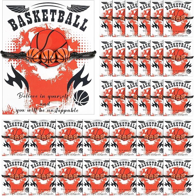 Yinkin 36 Pcs Basketball Gifts for Girls Team Boys Basketball Bracelet Valentines Jewelry Gifts Basketball Party Favors Charms Sports Fan Bracelet with Motivational Card Gift Bulk