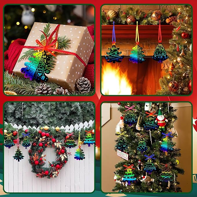 JULMELON 36 PCS Christmas Scratch Art, Christmas Crafts for Kids Magic Rainbow Scratch Paper Cards Christmas Tree Hanging Ornaments Decorations DIY Winter Holiday Party Favors