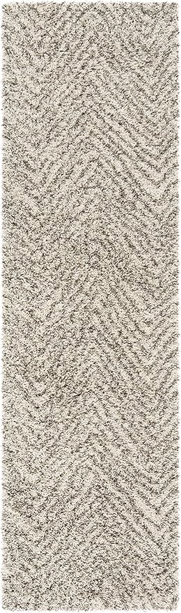 SAFAVIEH Hudson Shag Collection Runner Rug - 2'3" x 8', Ivory & Grey, Chevron Design, Non-Shedding & Easy Care, 2-inch Thick Ideal for High Traffic Areas in Living Room, Bedroom (SGH375A)