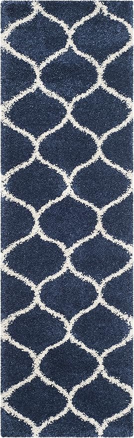 SAFAVIEH Hudson Shag Collection Runner Rug - 2'3" x 10', Navy & Ivory, Moroccan Trellis Design, Non-Shedding & Easy Care, 2-inch Thick Ideal for High Traffic Areas in Living Room, Bedroom (SGH280C)