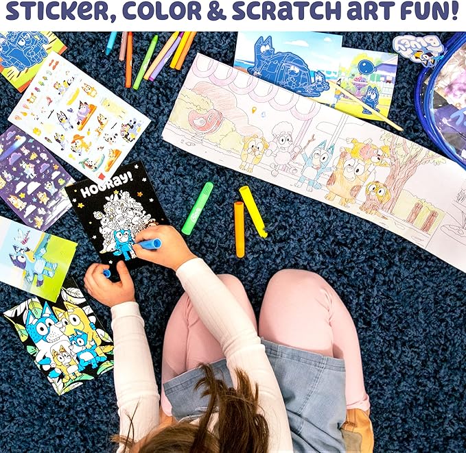 Bluey Ultimate Activity Backpack, 10+ Activities, Includes Backpack with 4 Sticker Suncatchers with 4 Suction Cups, 4 Surprise Scratch Arts, 2 Velv-its Posters, 1 Coloring Roll, 4 Markers, Kid Gifts