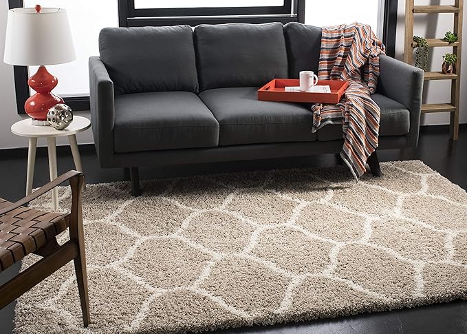 SAFAVIEH Hudson Shag Collection 7' Square Beige/Ivory SGH280S Moroccan Ogee Trellis Non-Shedding Living Room Bedroom Dining Room Entryway Plush 2-inch Thick Area Rug
