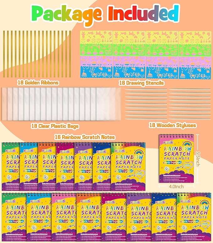 pigipigi Scratch Paper Party Favor: 16 Pack Rainbow Scratch Notebook for Kid Art Craft Supplies Age 3-12 Boys Girls Coloring Book Birthday Christmas Easter Toy Gift Activity Drawing Kit