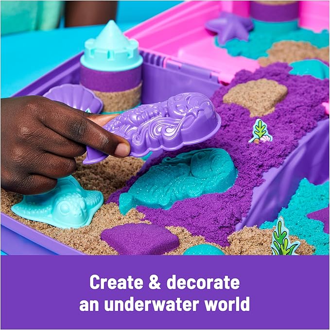 Kinetic Sand, Mermaid Palace Playset with 2.06lbs Play Sand (Neon Purple, Shimmer Teal & Beach), Tools & Folding Sandbox, Sensory Toys for Kids