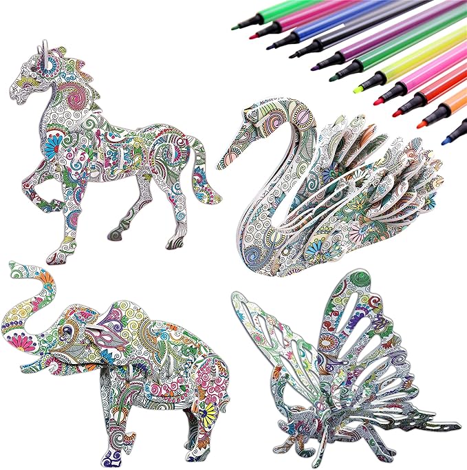 KAZOKU Crafts for Girls Ages 8-12 3D Coloring Puzzles Toys 4 Animals Puzzles with 12 Pen Markers Creative Arts and Crafts Kits for Kids Ages 8 9 10 11 12 Birthday Children's Day for Grils Boys