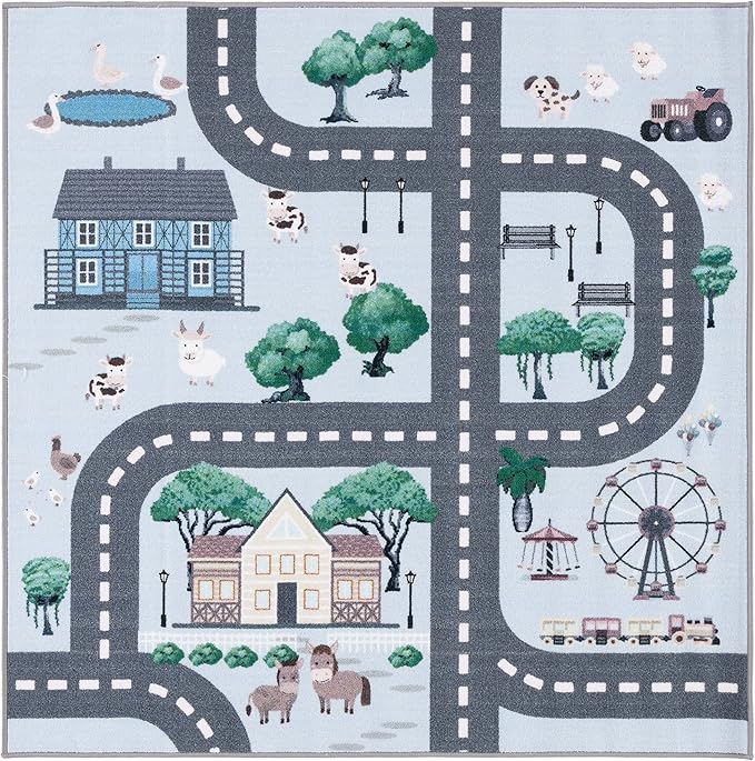 SAFAVIEH Kids Playhouse Collection Area Rug - 6'7" Square, Blue & Dark Grey, Machine Washable & Slip Resistant, Village Road Design, Ideal for Kids Bedroom, Playroom, Nursery (KPH235M-7SQ)