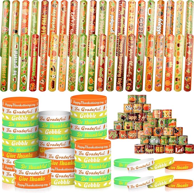 Wettarn 144 Pcs Thanksgiving Slap Bracelets and Silicone Wristbands Bulk for Kids Includes 72 Pcs Snap Bracelets and 72 Pcs Rubber Bracelets Fall Party Favors Autumn Slap Bands for Classroom Prize
