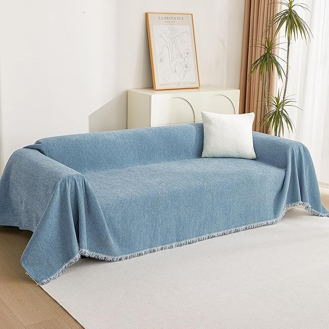 MYSKY HOME Couch Covers Loveseat Couch Cover Blanket Blue Chenille Sofa Covers with Tassel Edge Living Room Large Futon Sofa Slipcovers Simple Practical Furniture Protector for Dogs Pet 91"x 118"