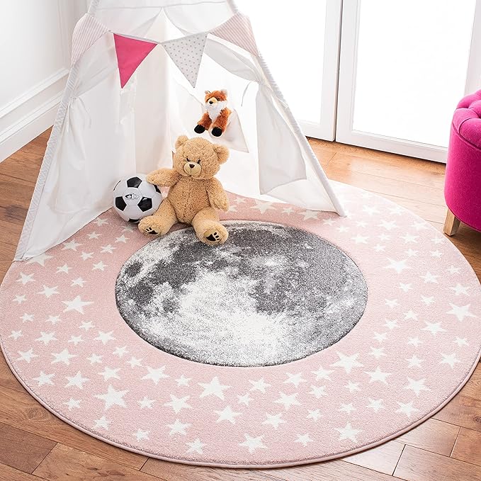 SAFAVIEH Carousel Kids Collection 3' Round Pink/Grey CRK135U Moon & Stars Non-Shedding Playroom Nursery Bedroom Area Rug