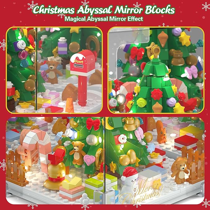 Wowok Christmas Tree Building Blocks Set, LED Infinity Mirror Cube, DIY Night Light Building Toy, Christmas Home Decoration Table Lamp Lovely Xmas Gift for Kids Adults Holiday Family Friends