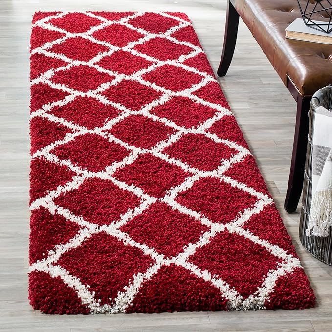 SAFAVIEH Hudson Shag Collection Runner Rug - 2'3" x 12', Red & Ivory, Moroccan Trellis Design, Non-Shedding & Easy Care, 2-inch Thick Ideal for High Traffic Areas in Living Room, Bedroom (SGH283R)