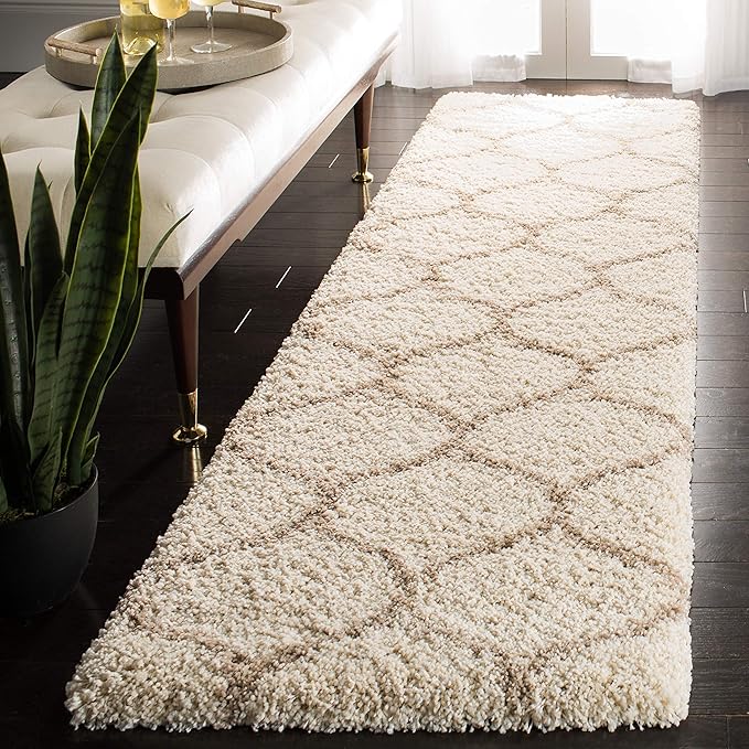 SAFAVIEH Hudson Shag Collection Runner Rug - 2'3" x 12', Ivory & Beige, Trellis Design, Non-Shedding & Easy Care, 2-inch Thick Ideal for High Traffic Areas in Living Room, Bedroom (SGH280D)