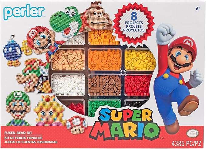 Perler 80-57090 Nintendo Super Mario Fused Bead Deluxe Box Kit, 8 Unique Patterns, Multicolor, 4385 Pieces