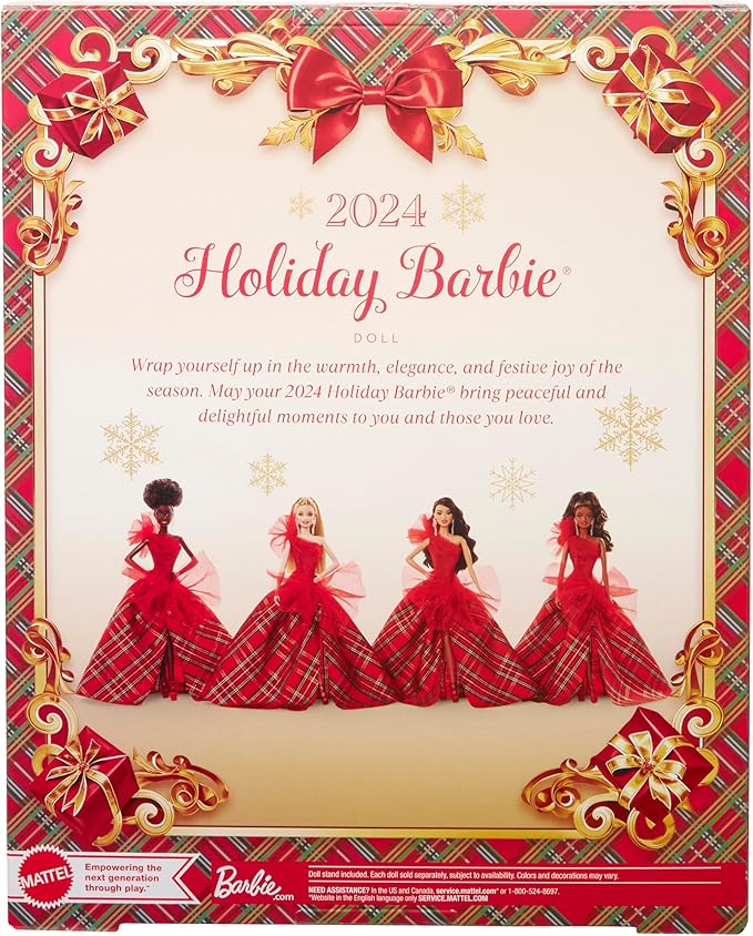 Barbie 2024 Holiday Barbie Dolls, Seasonal Collector Toy, Barbie Signature, Plaid Gown with Red Bow, Displayable Packaging, Dark Brown Hair